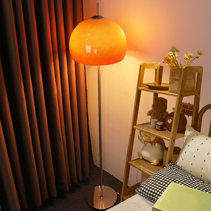 프랑스어 오렌지 유리 플로어 램프 빈티지 크롬베이스 램프 거실 연구 코너 램프 옆에 높이 램프 침실 장식 스탠드 라이트